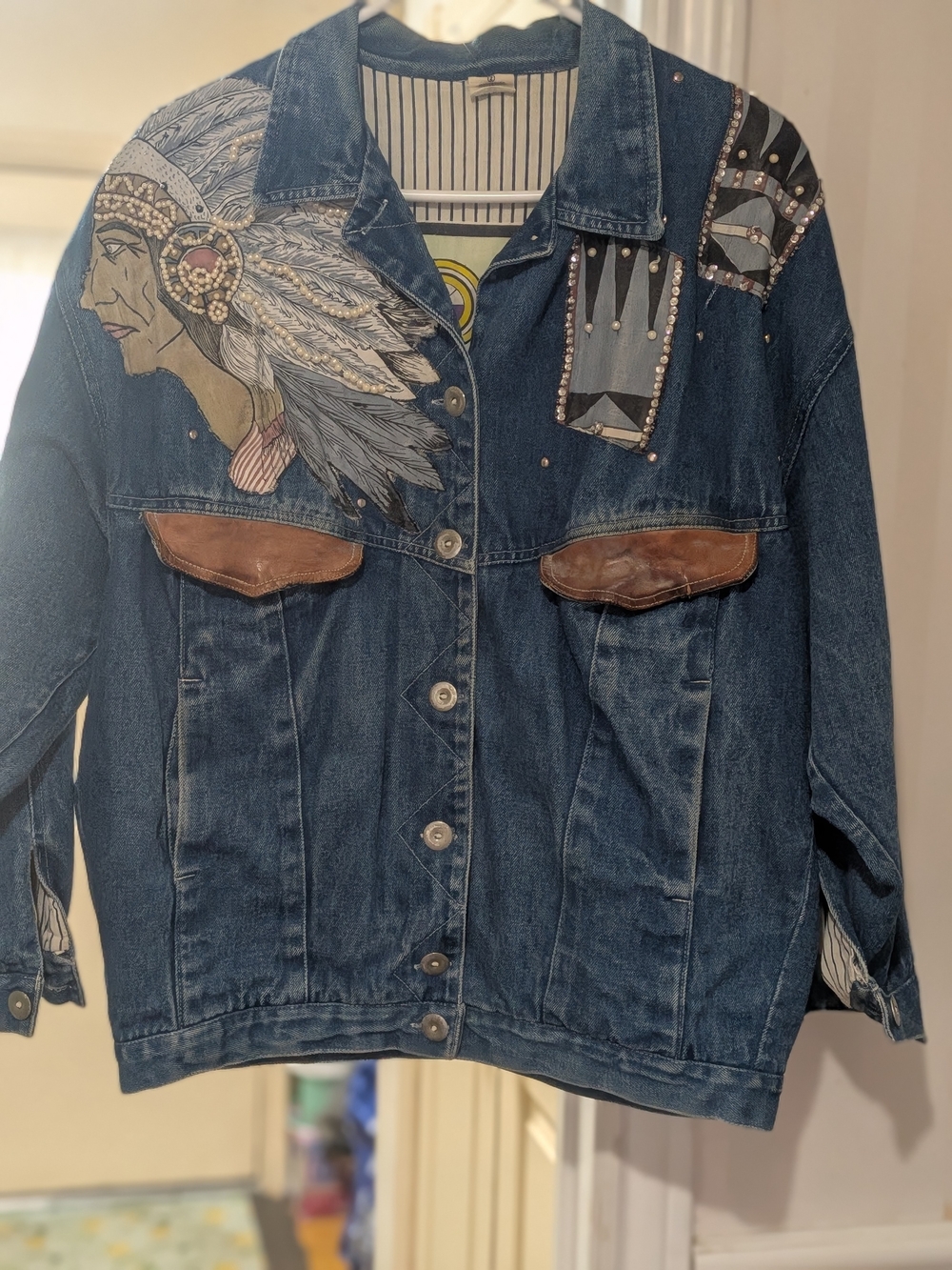 Embellished Dark Blue Denim Jacket with Native Motif